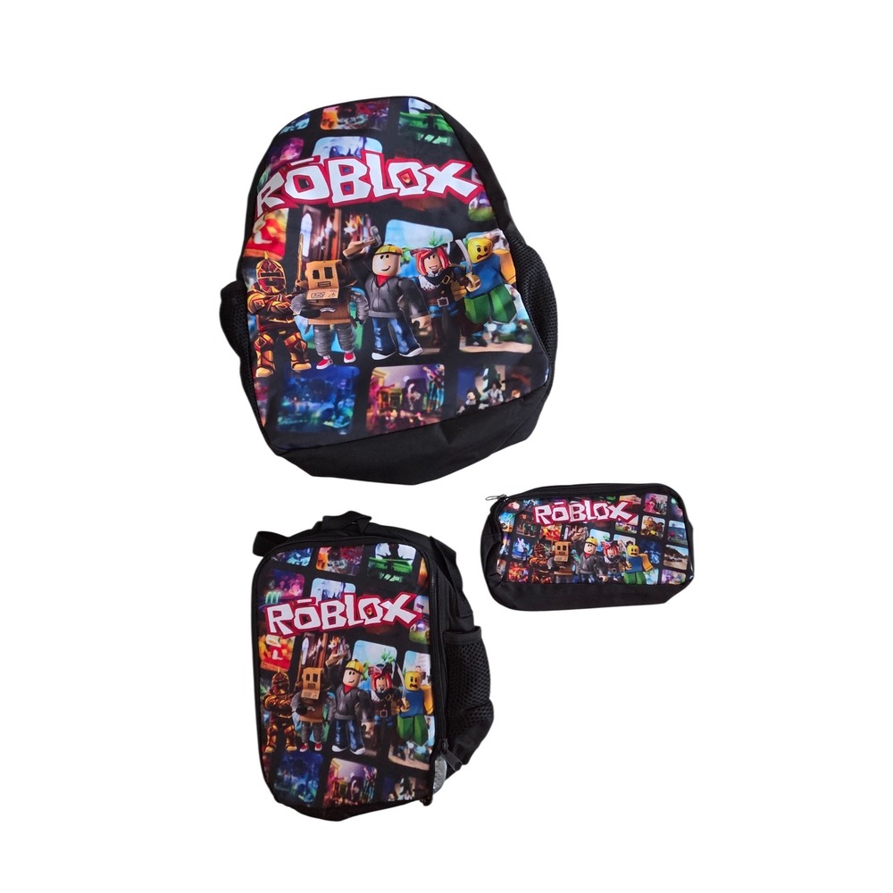 Roblox Backpack Lunch Box Pencil Case 3 Piece Set Black Kids School Bag Bundle